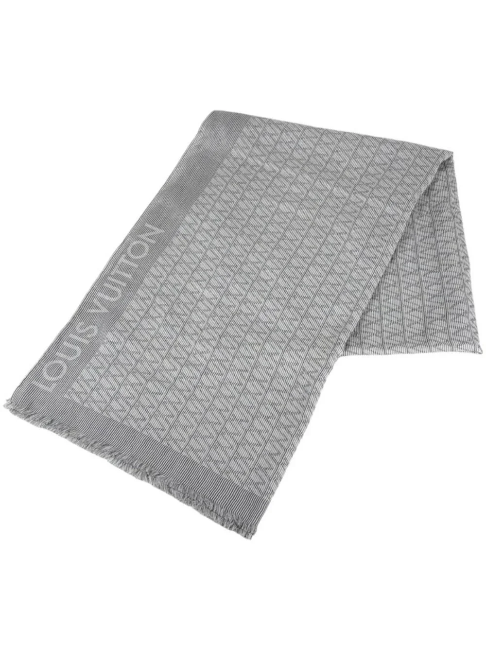 Louis Vuitton Shawl Fringe Cotton Silk Gray Scarf